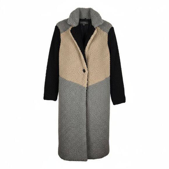 Forever Audrey Teddy Faux Fur Trench Coat Sz S Color Block Tan Gray Black - Picture 1 of 5